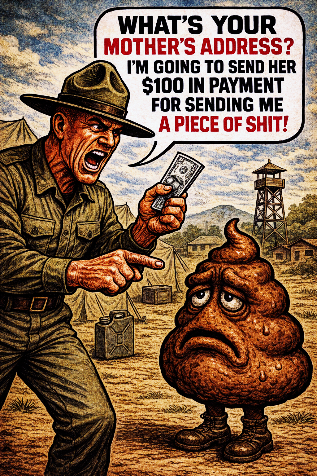 Comic illustration of an angry drill instructor holding money beside an anthropomorphic pile of poop.