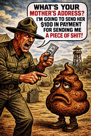 Comic illustration of an angry drill instructor holding money beside an anthropomorphic pile of poop.