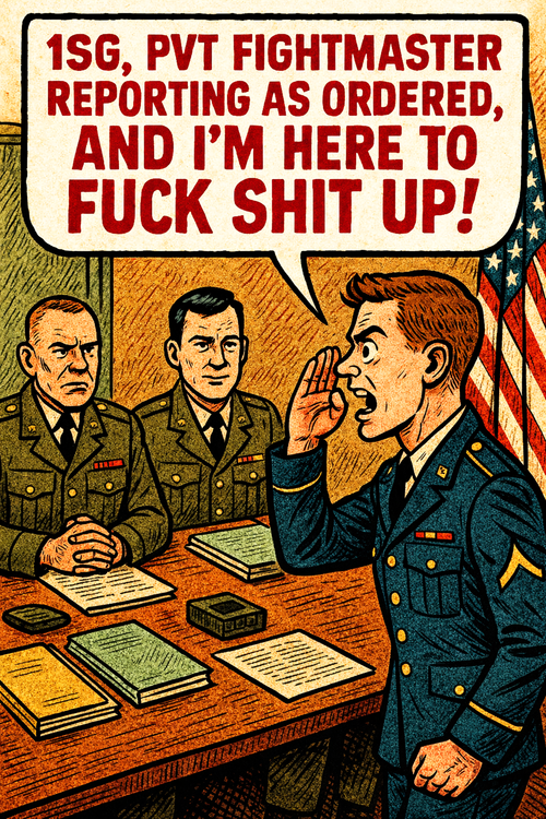 1SG, Pvt Fightmaster Reporting as Ordered, and I'm Here to Fuck Shit up!