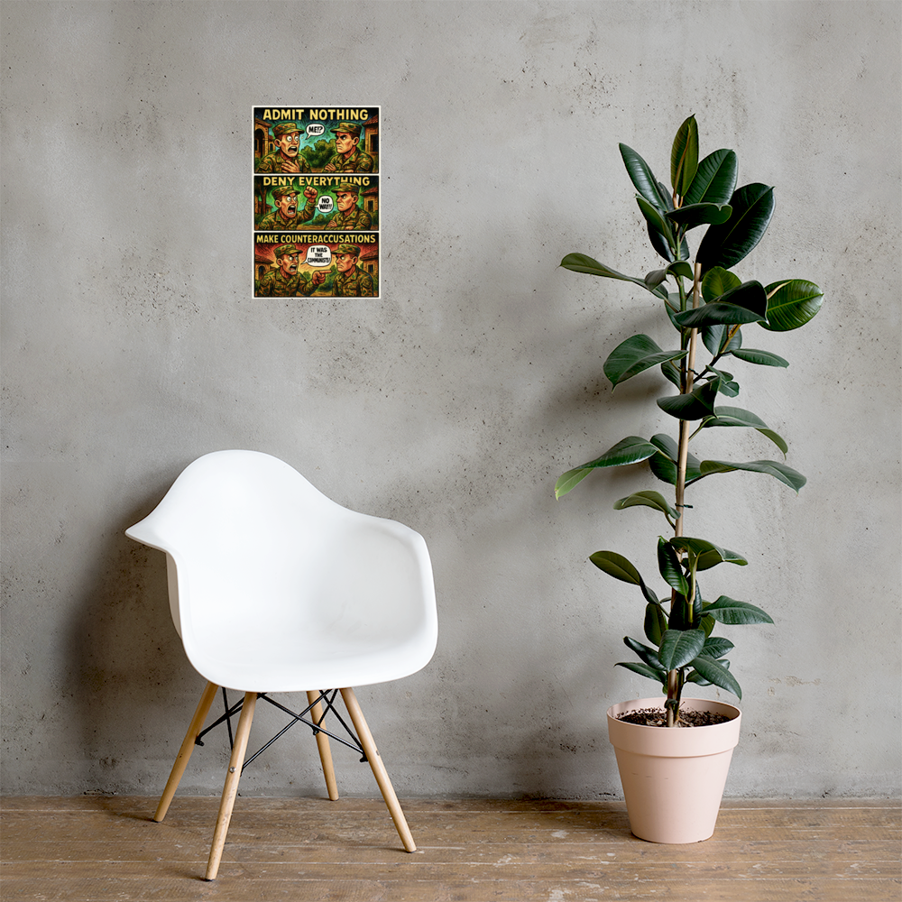 Admit Nothing: 12 in by 18 in glossy poster on a concrete wall beside a white chair and plant; Printful room mockup.