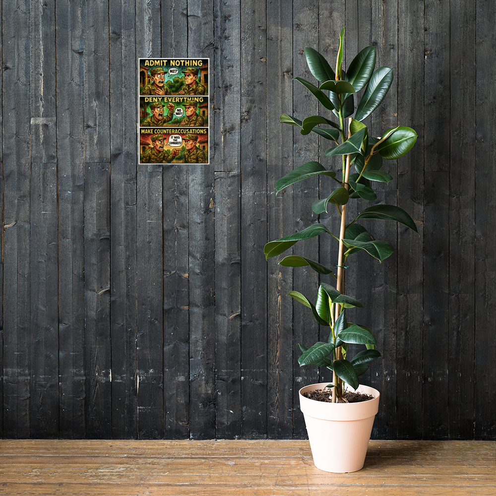 Admit Nothing: 12 in by 18 in glossy poster on a dark wooden wall beside a plant; Printful room mockup.
