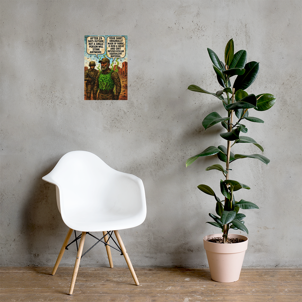 After 29 Days Outside, Not a Single Person Will Stink Anymore: 12 in by 18 in glossy poster on a concrete wall beside a white chair and plant; Printful room mockup.
