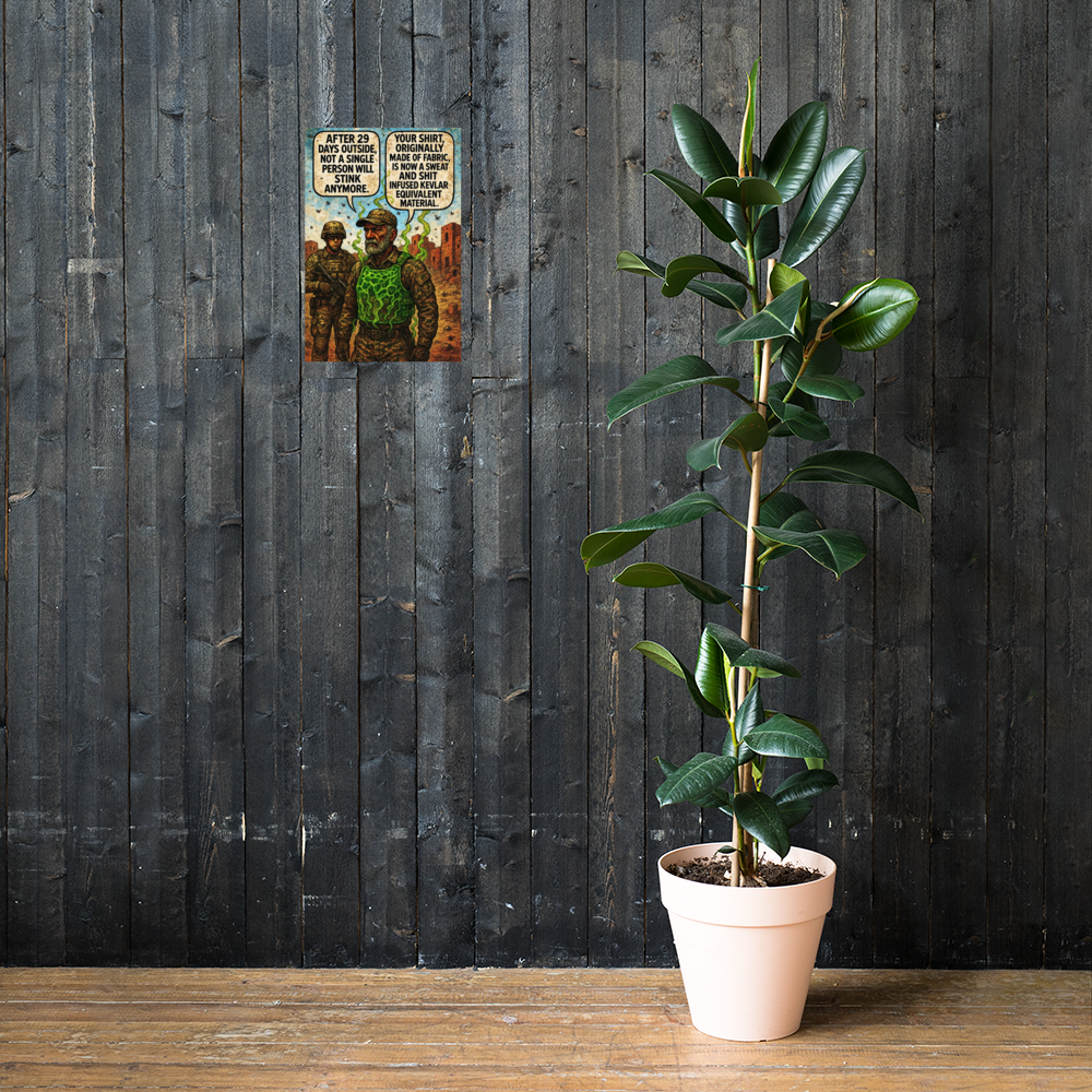 After 29 Days Outside, Not a Single Person Will Stink Anymore: 12 in by 18 in glossy poster on a dark wooden wall beside a plant; Printful room mockup.