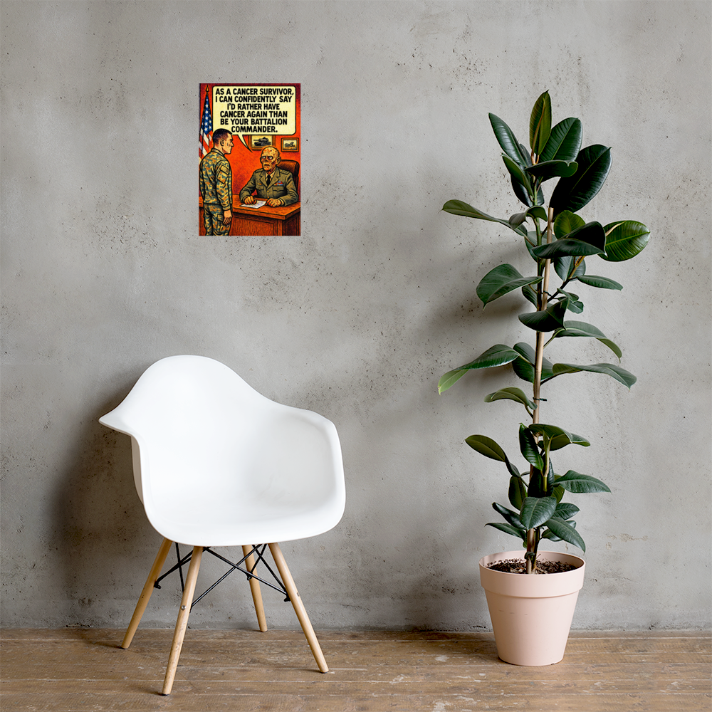 As a Cancer Survivor: 12 in by 18 in glossy poster on a concrete wall beside a white chair and plant; Printful room mockup.