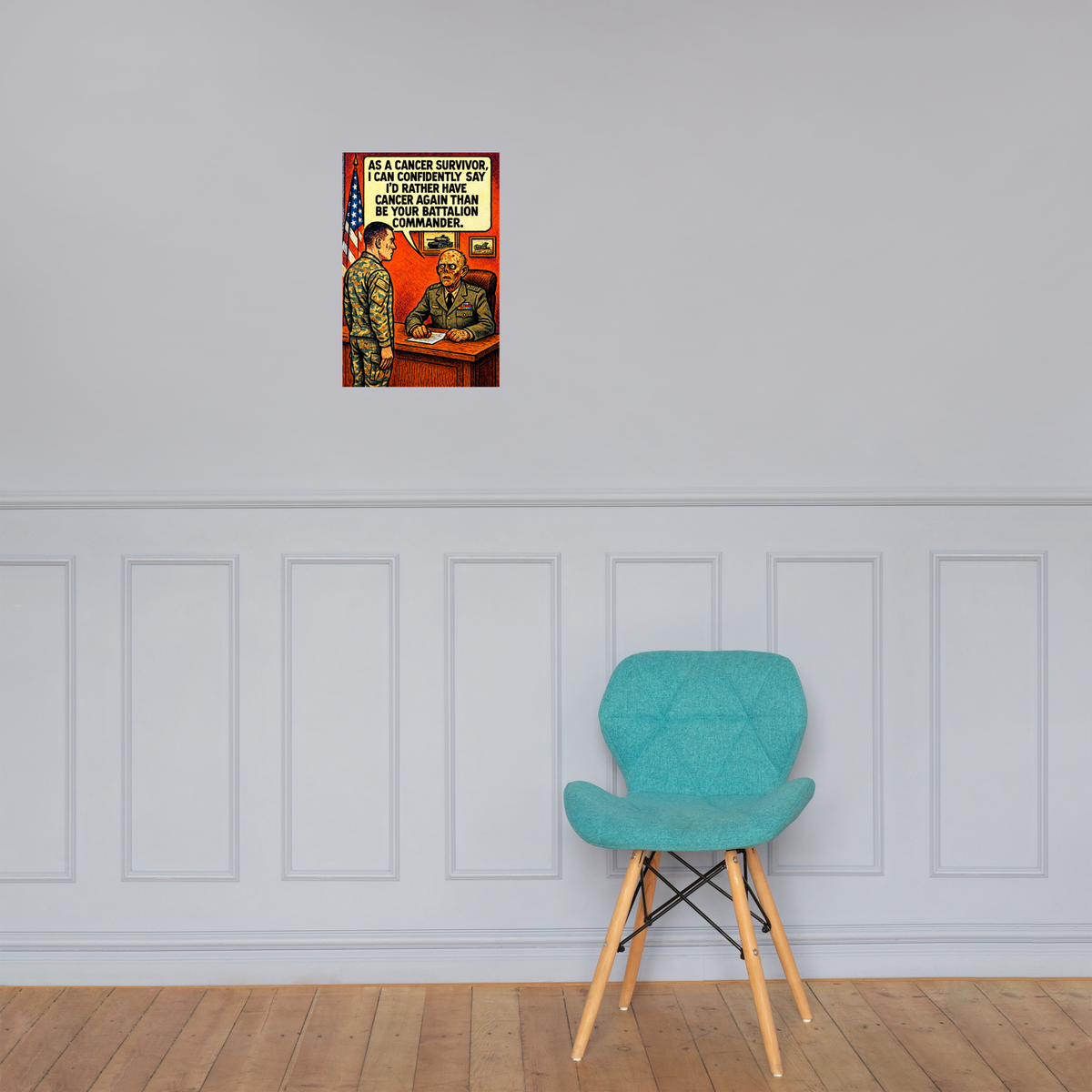 As a Cancer Survivor: 12 in by 18 in glossy poster on a paneled wall above a turquoise chair; Printful room mockup.