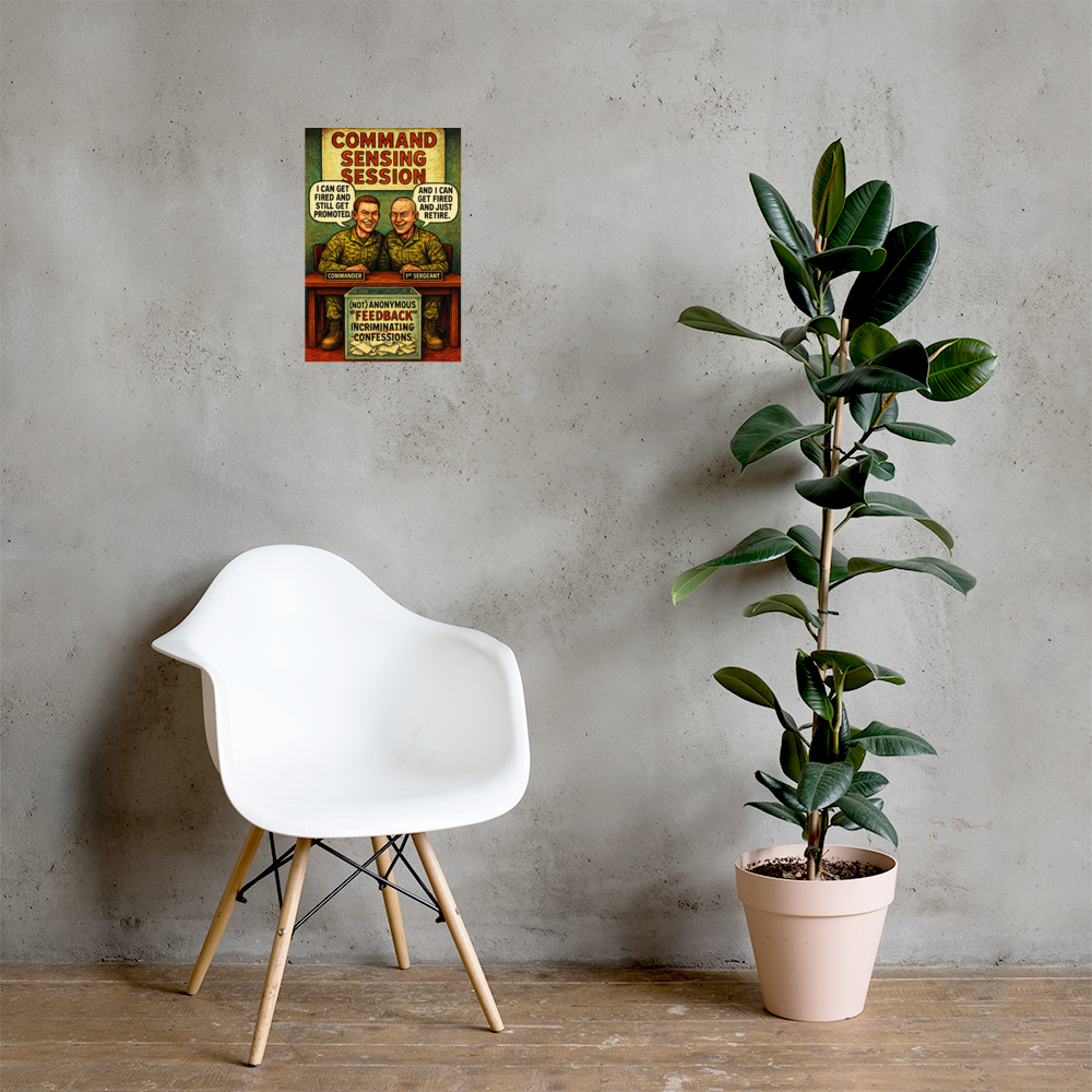 Command Sensing Session: 12 in by 18 in glossy poster on a concrete wall beside a white chair and plant; Printful room mockup.