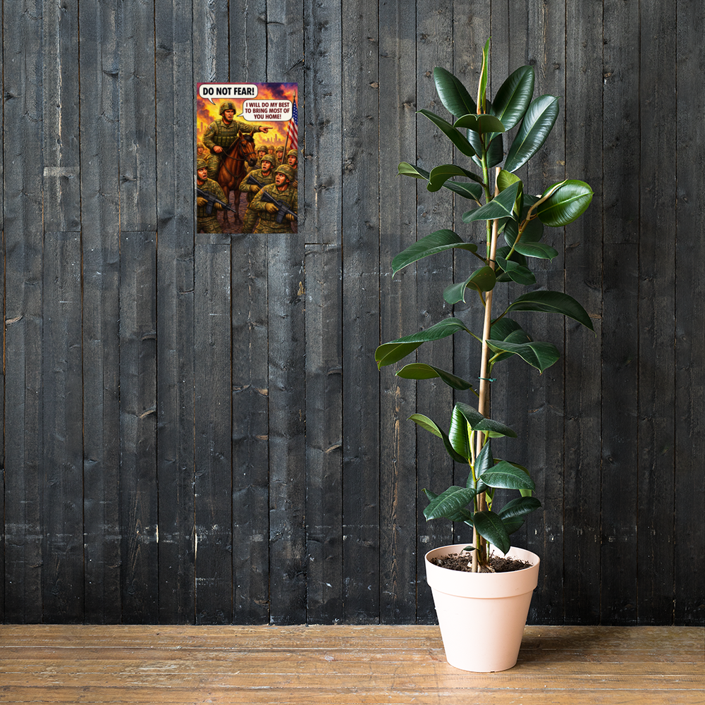 Do Not Fear!: 12 in by 18 in glossy poster on a dark wooden wall beside a plant; Printful room mockup.