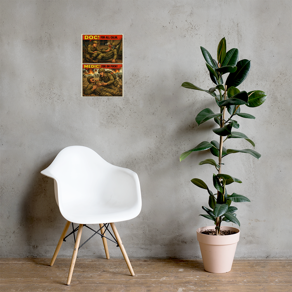 Doc!: 12 in by 18 in glossy poster on a concrete wall beside a white chair and plant; Printful room mockup.