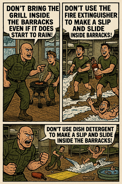 Don't Bring the Grill Inside the Barracks Even If It Does Start to Rain!