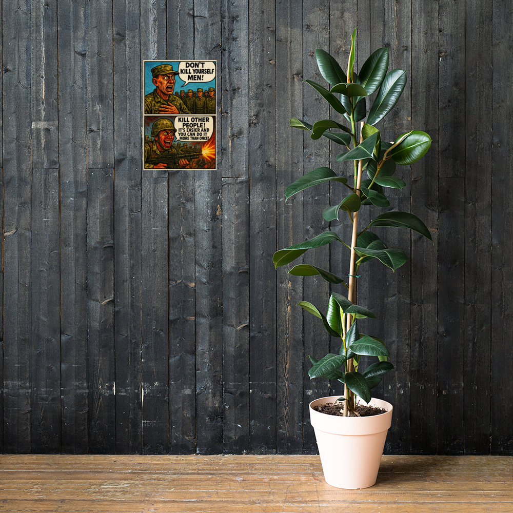 Don't Kill Yourself Men!: 12 in by 18 in glossy poster on a dark wooden wall beside a plant; Printful room mockup.
