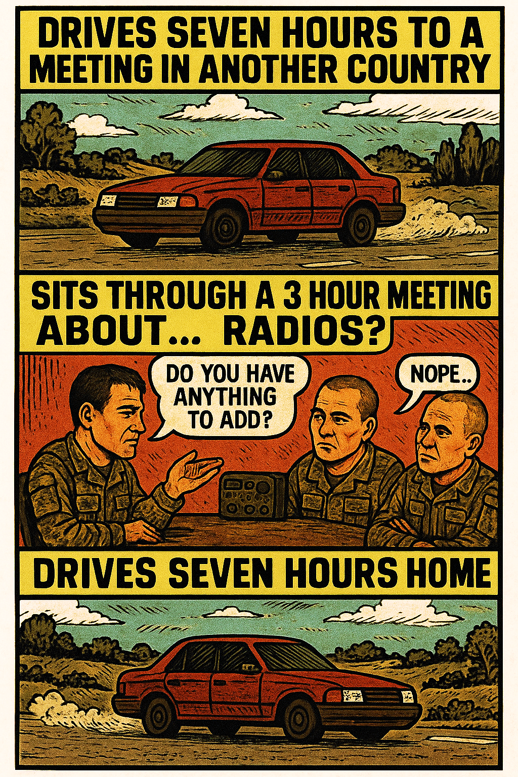 Drives Seven Hours to a Meeting in Another Country