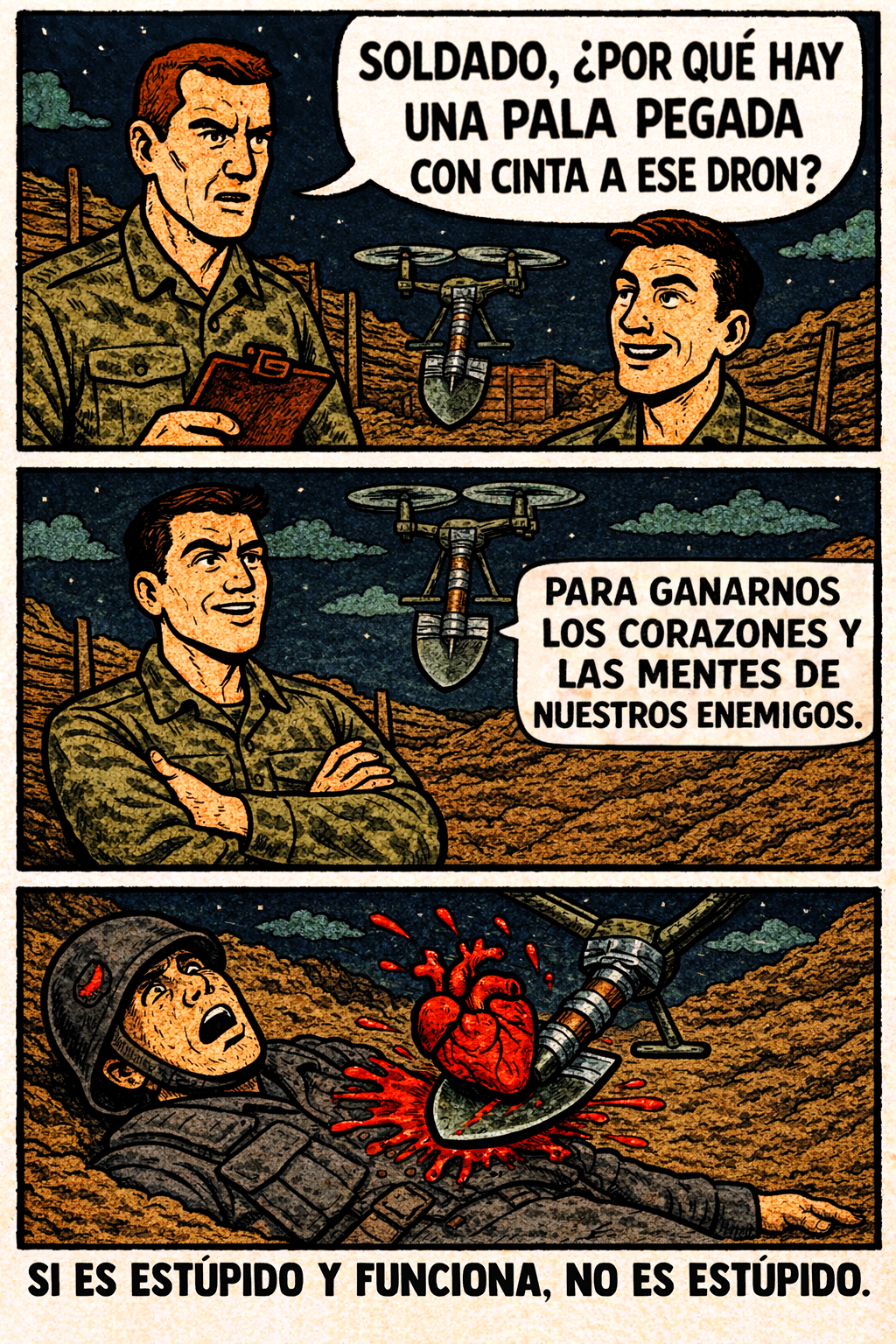 Soldado, ¿por qué hay una pala pegada con cinta a ese dron?