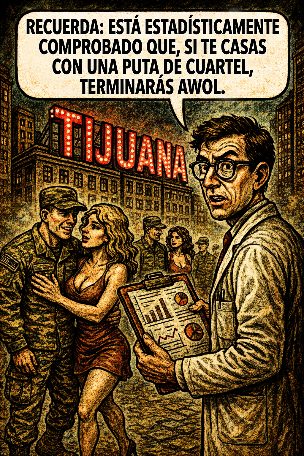 Recuerda: está estadísticamente comprobado que, si te casas con una puta de cuartel, terminarás awol.