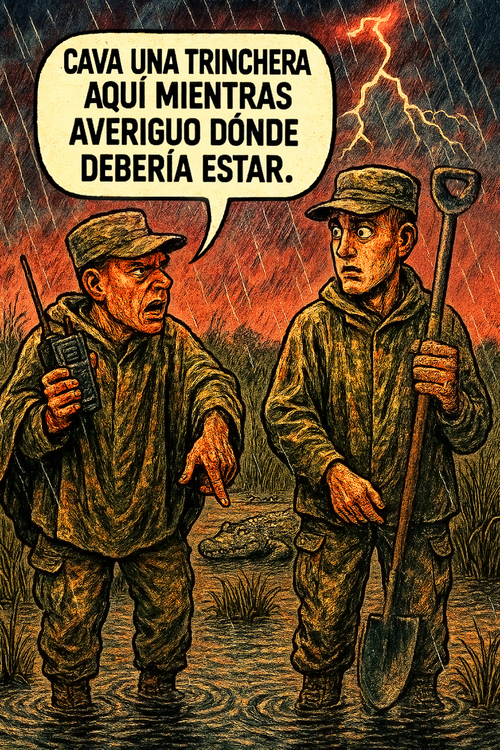 Cava una trinchera aquí mientras averiguo dónde debería estar.