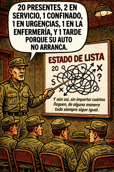 20 Presentes, 2 en servicio, 1 confinado, 1 en urgencias, 1 en la enfermería, y 1 tarde porque su auto no arranca.