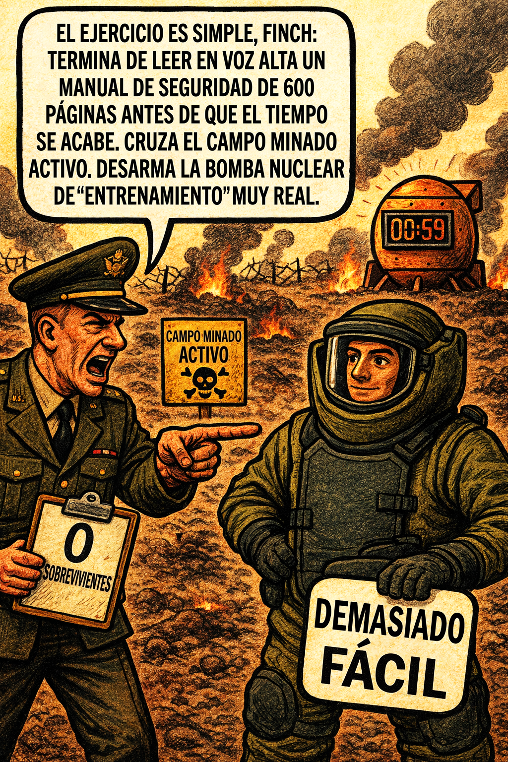 El ejercicio es simple, finch: termina de leer en voz alta un manual de seguridad de 600 páginas antes de que el tiempo