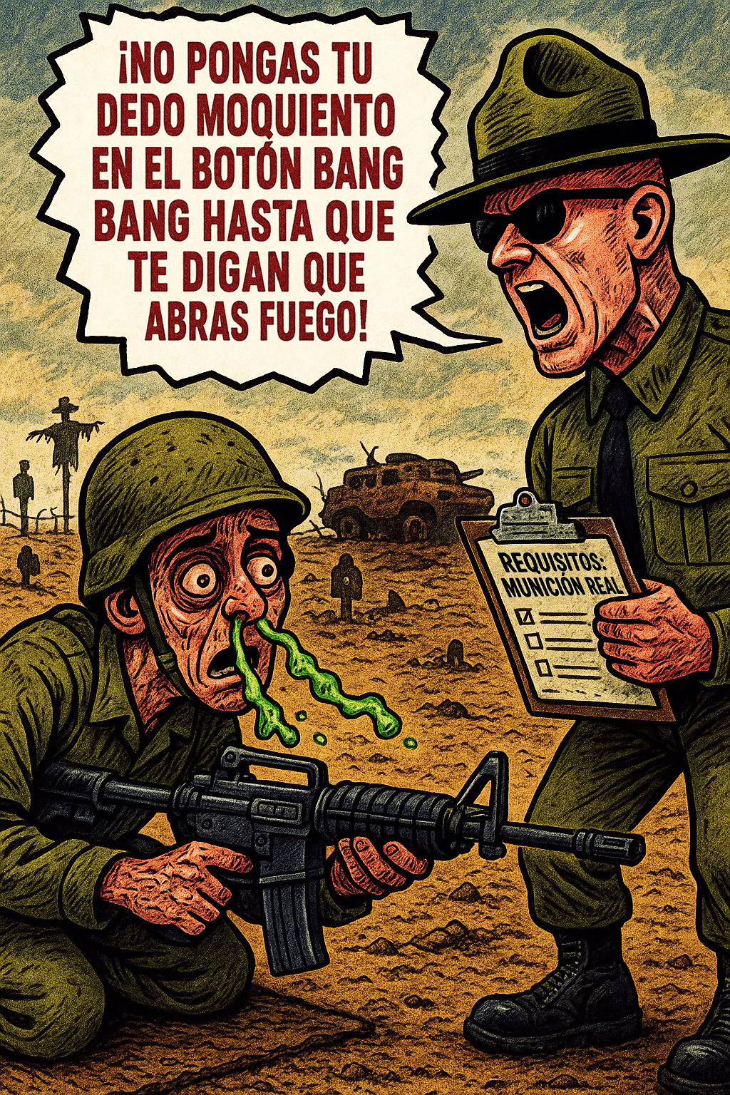 ¡No pongas tu dedo moquiento en el botón bang bang hasta que te digan que abras fuego!