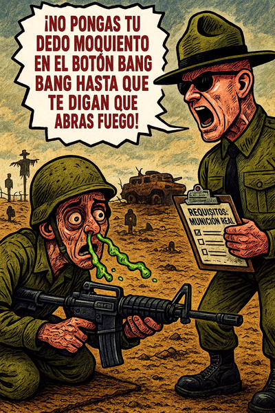 ¡No pongas tu dedo moquiento en el botón bang bang hasta que te digan que abras fuego!