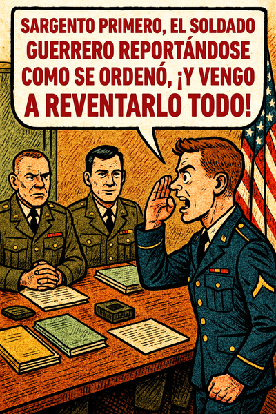Sargento primero, el soldado guerrero reportándose como se ordenó, ¡y vengo a reventarlo todo!