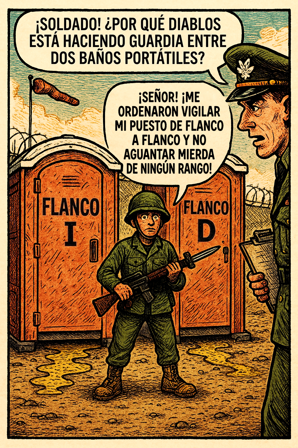 ¡Soldado!, por qué diablos está haciendo guardia entre dos baños portátiles?