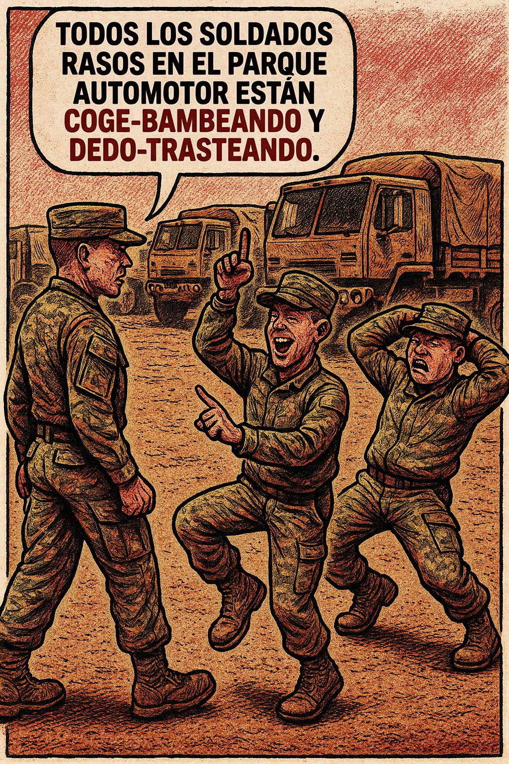 Todos los soldados rasos en el parque automotor están coge-bambeando y dedo-trasteando.