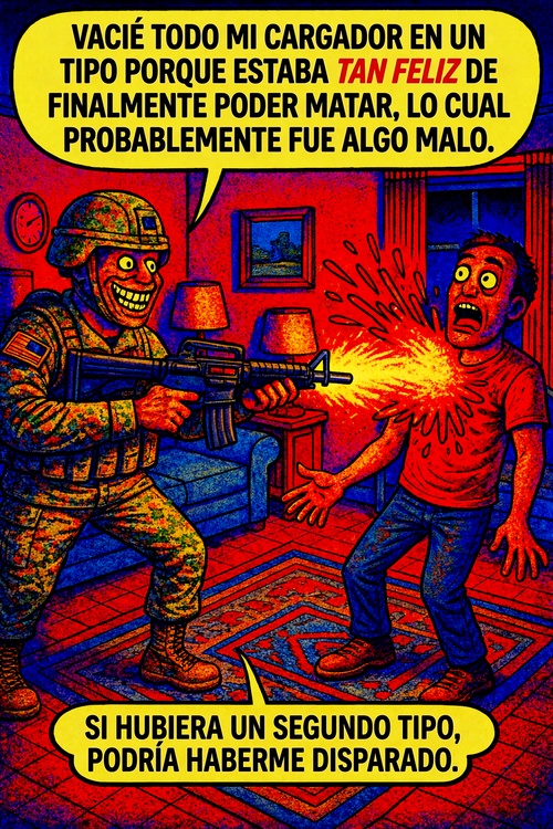 Vacié todo mi cargador en un tipo porque estaba tan feliz de finalmente poder matar, lo cual probablemente fue algo