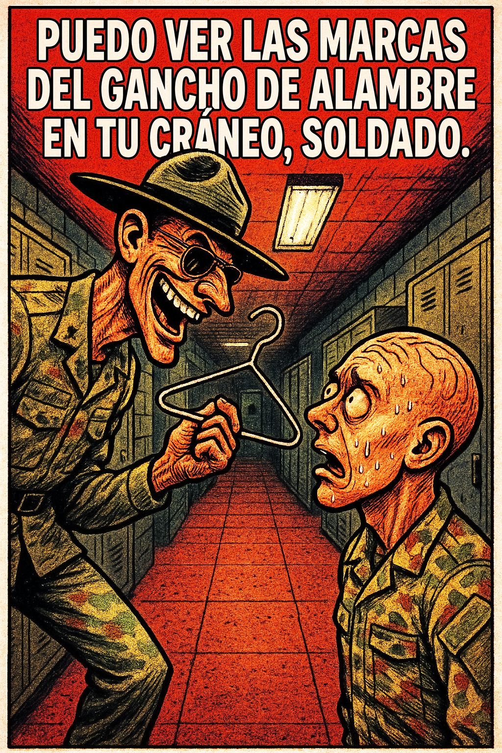 Puedo ver las marcas del alambre de percha en tu cráneo, soldado.