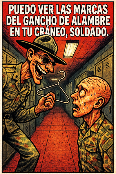 Puedo ver las marcas del alambre de percha en tu cráneo, soldado.