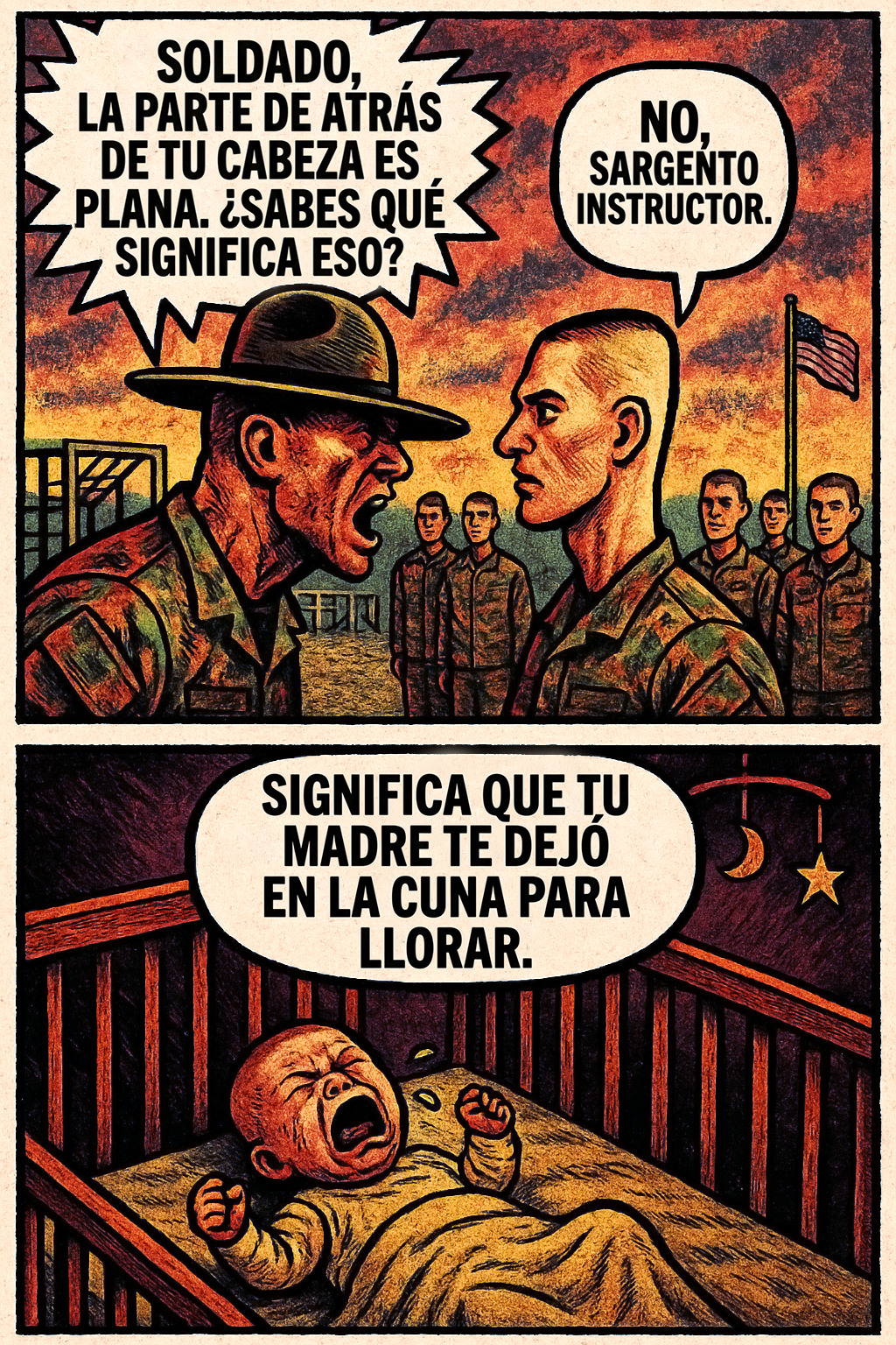 Soldado, la parte de atrás de tu cabeza es plana.