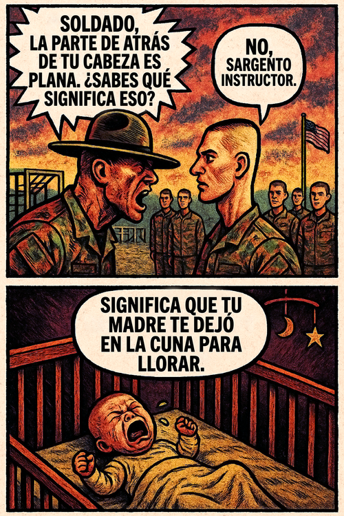 Soldado, la parte de atrás de tu cabeza es plana.