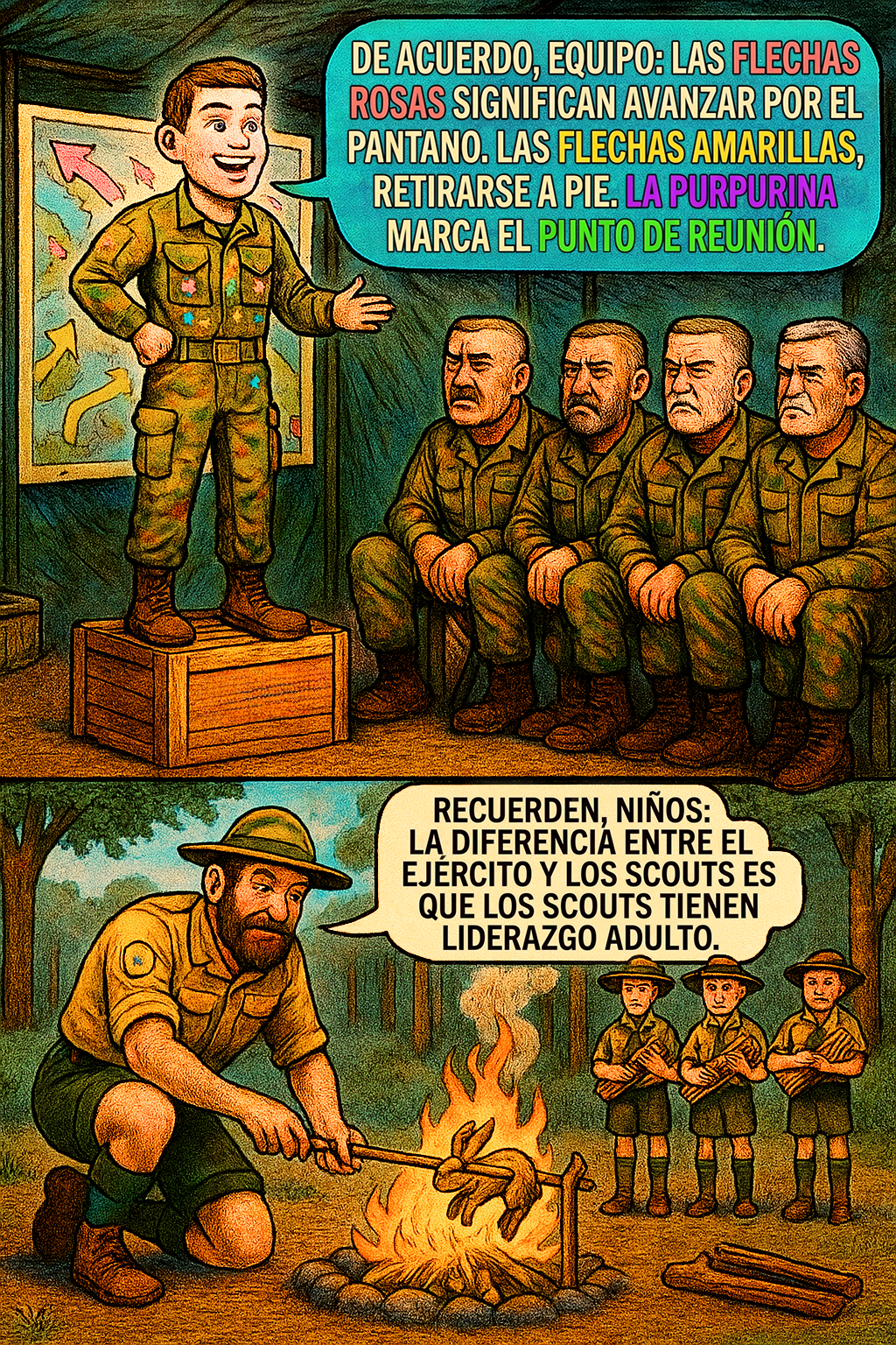De acuerdo, equipo: las flechas rosas significan avanzar por el pantano.