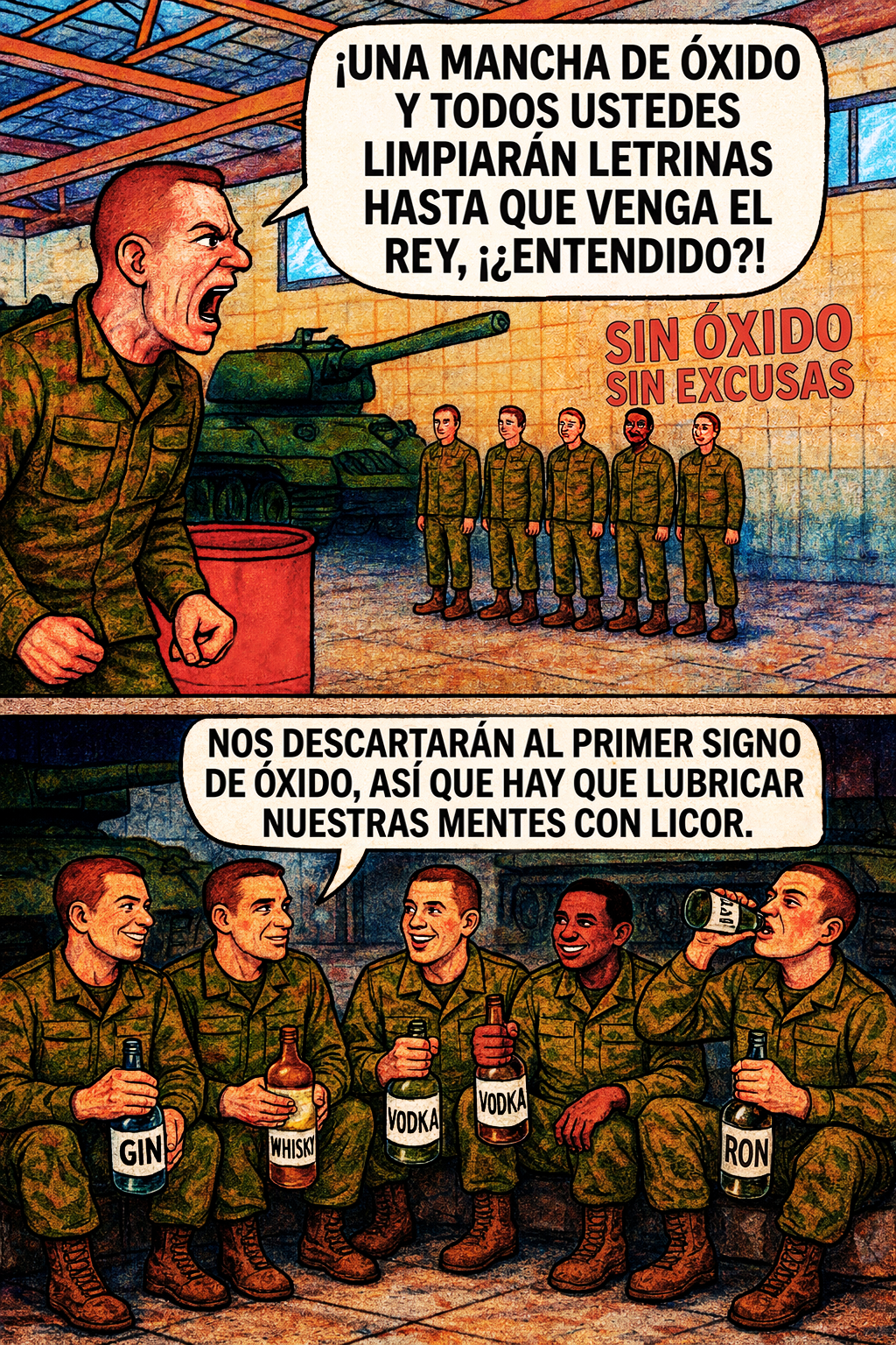 ¡Una mancha de óxido y todos ustedes limpiarán letrinas hasta que venga el reino, ¡¿entendido?!