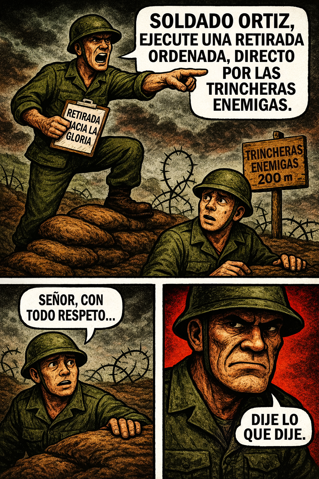 Soldado ortiz, ejecute una retirada ordenada, directo por las trincheras enemigas.