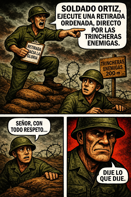 Soldado ortiz, ejecute una retirada ordenada, directo por las trincheras enemigas.