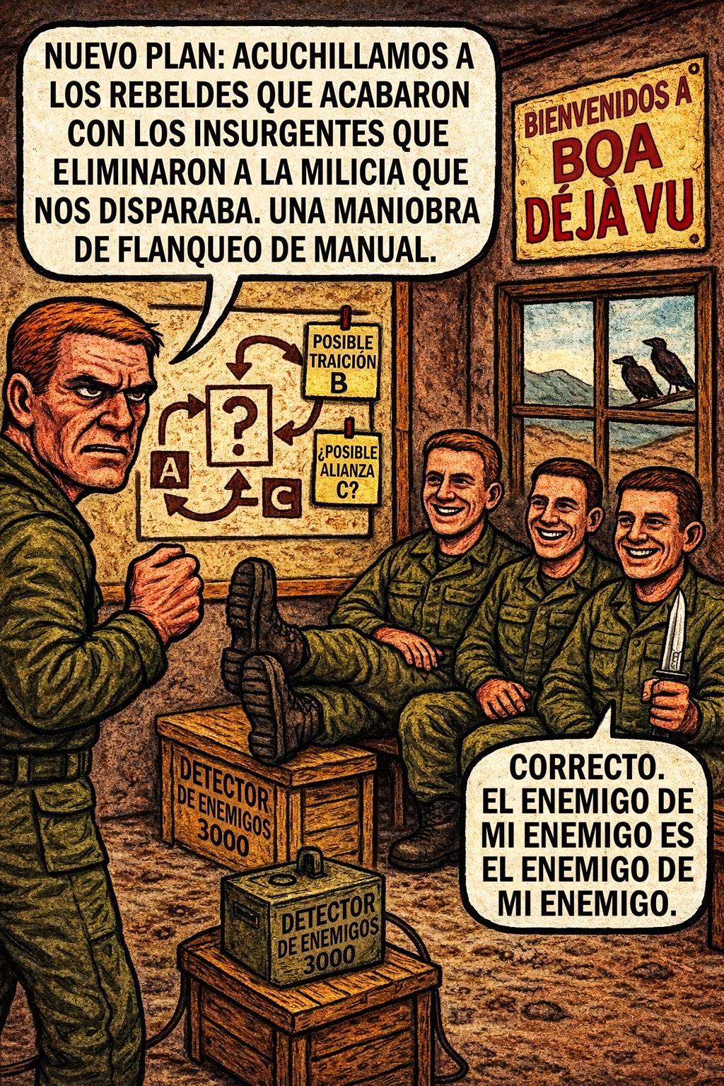 Nuevo plan: acuchillamos a los rebeldes que acabaron con los insurgentes que bliminaron a la milicia que nos disparaba.