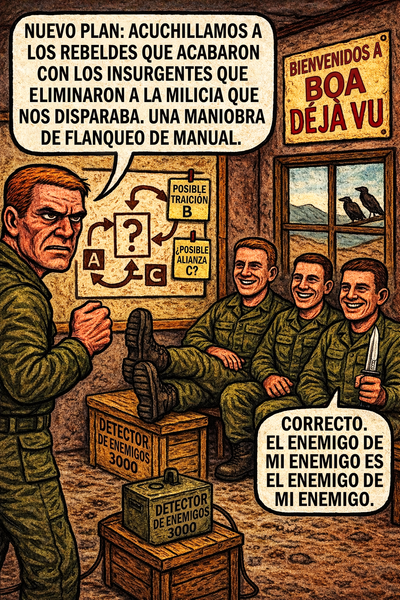 Nuevo plan: acuchillamos a los rebeldes que acabaron con los insurgentes que bliminaron a la milicia que nos disparaba.