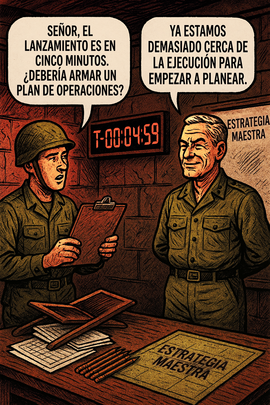 Señor, el lanzamiento es en cinco minutos— ¿debería armar un plan de operaciones?