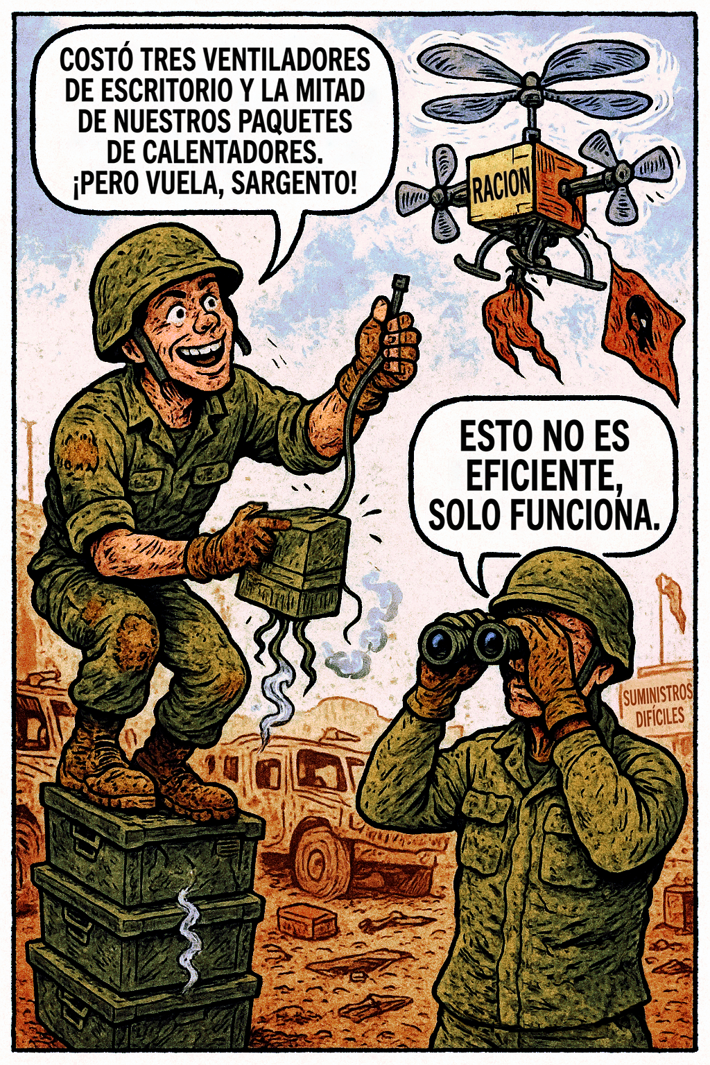 Costó tres ventiladores de escritorio y la mitad de nuestros paquetes de calentadores, ¡pero vuela, sargento!