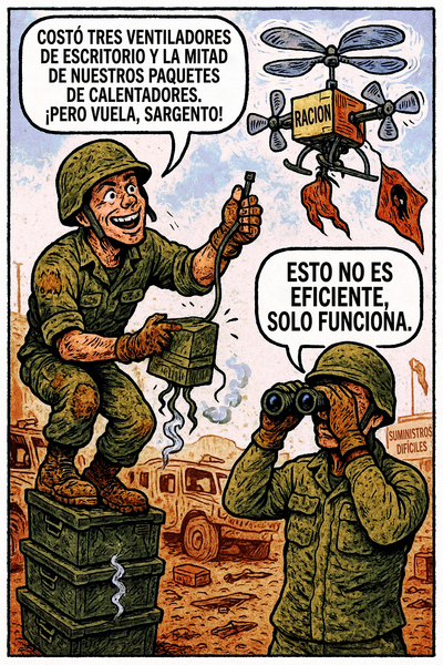 Costó tres ventiladores de escritorio y la mitad de nuestros paquetes de calentadores, ¡pero vuela, sargento!
