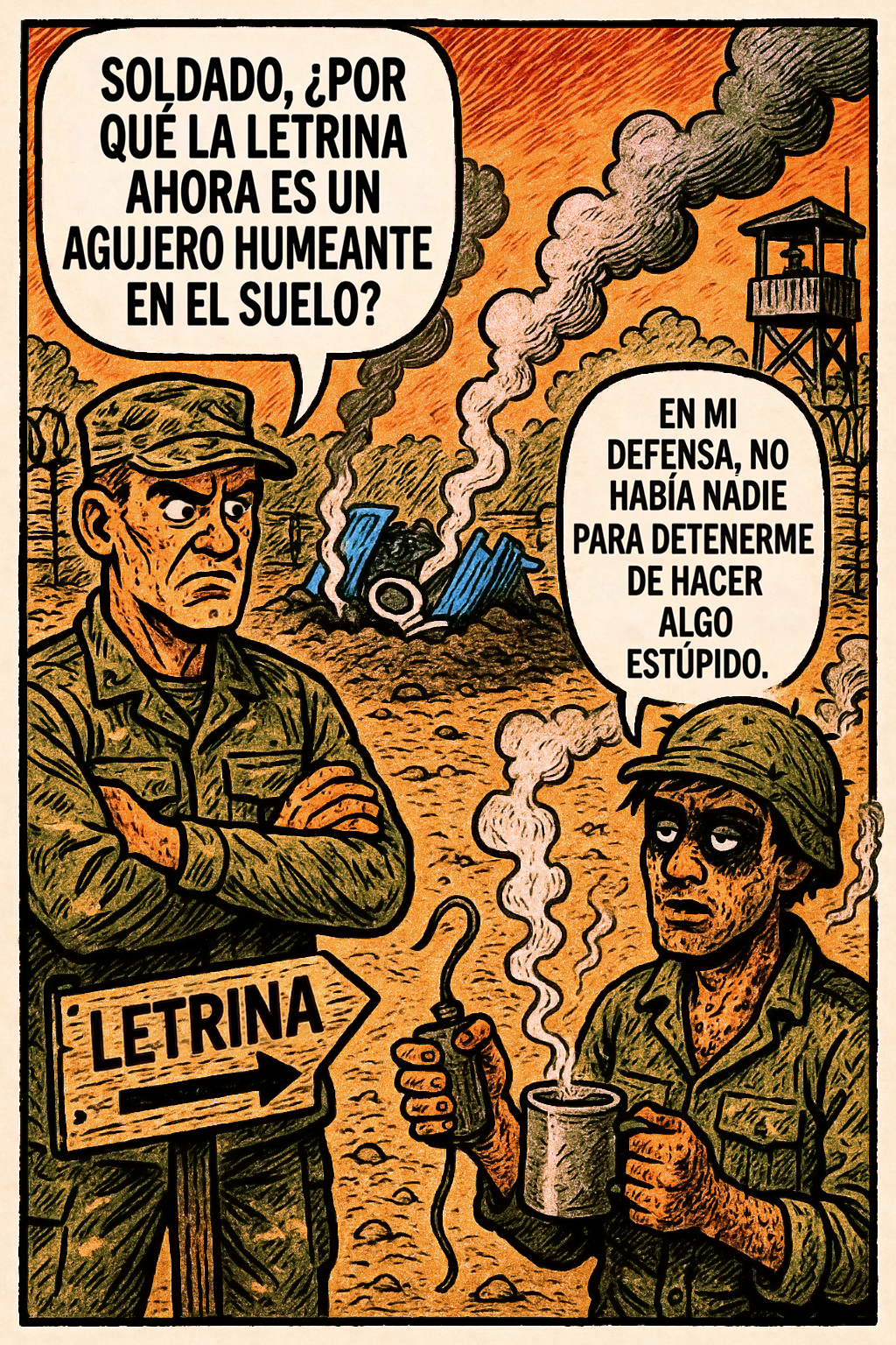 Soldado, ¿por qué la letrina ahora es un agujero humeante en el suelo?