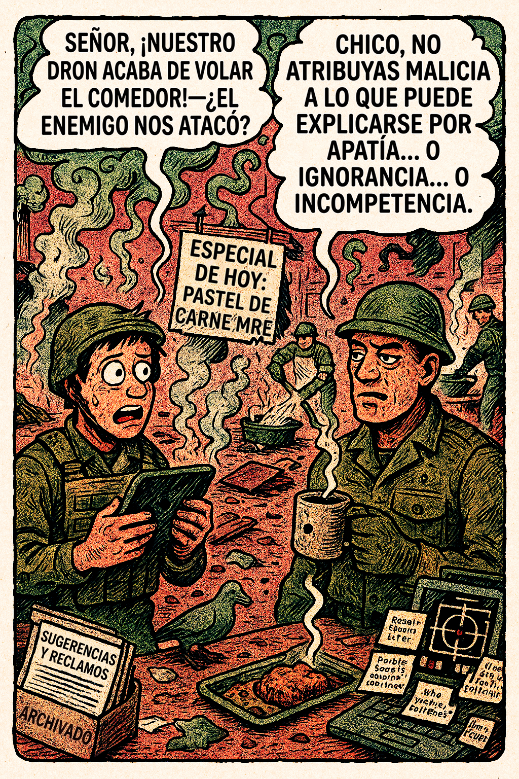 Señor, ¡nuestro dron acaba de volar el comedor!—¿el enemigo nos atacó?