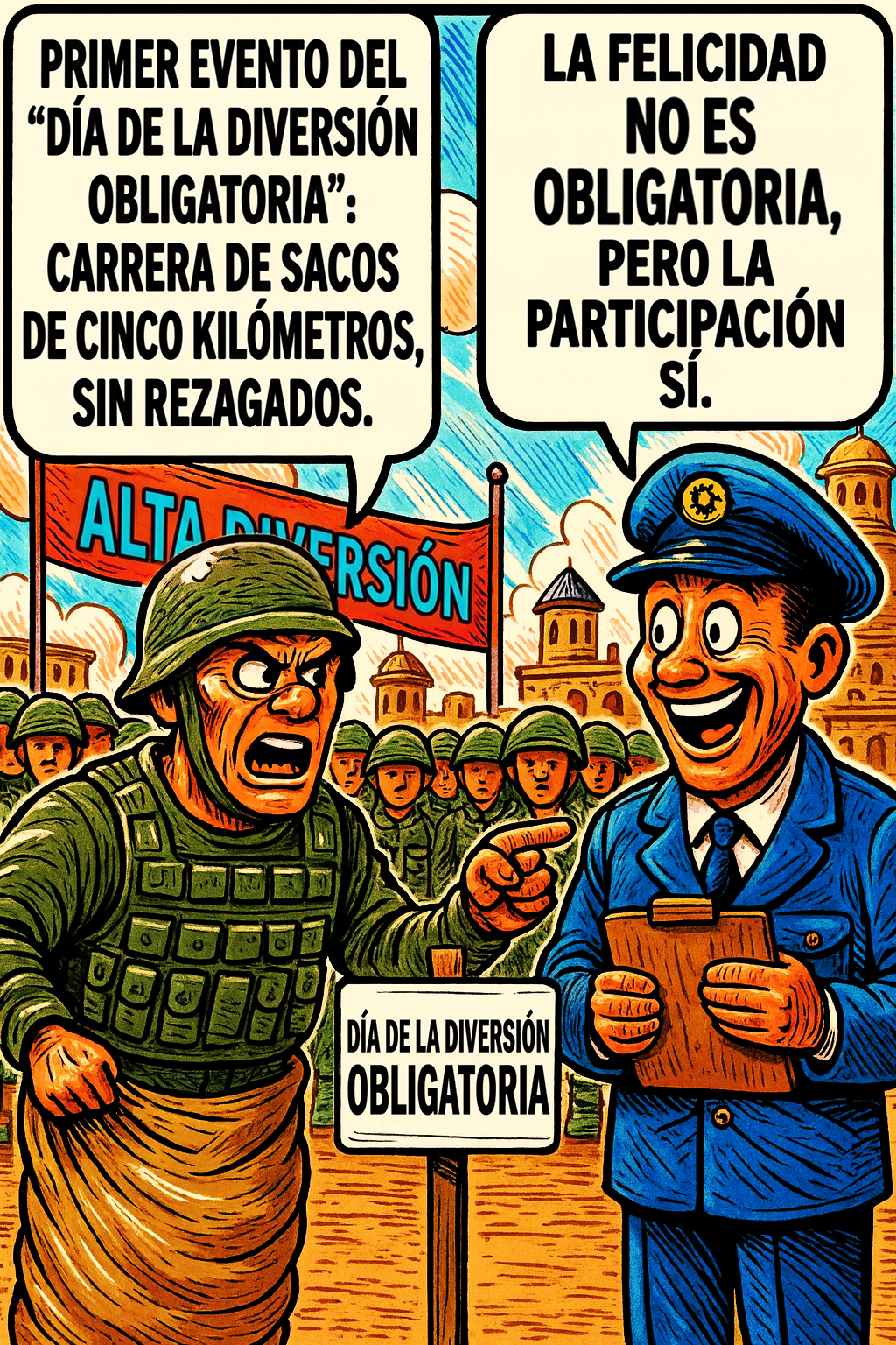 Primer evento del "día de la diversión obligatoria"— carrera de sacos de cinco kilómetros, sin rezagados.