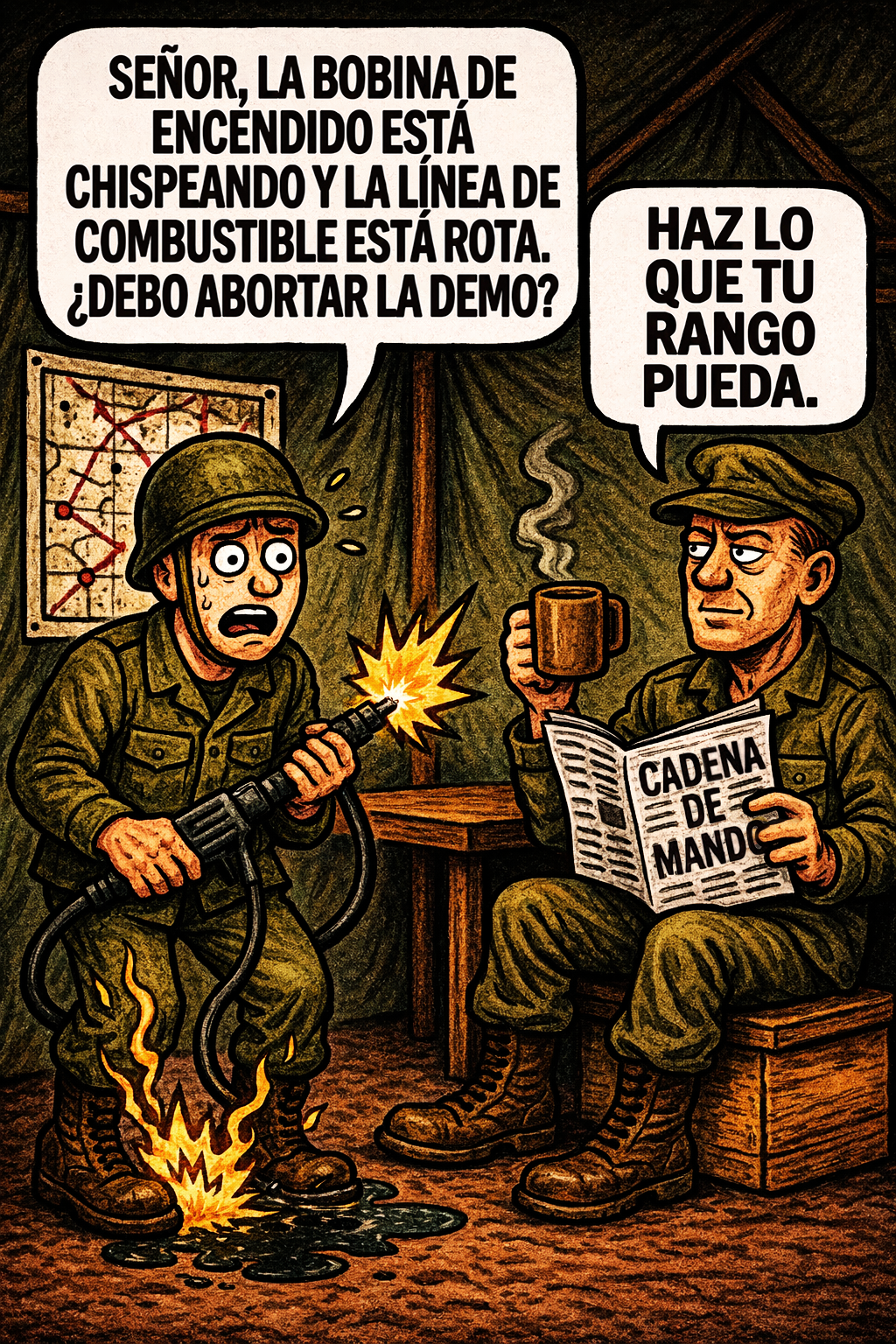 Señor, la bobina de encendido está chispeando y la línea de combustible está rota.