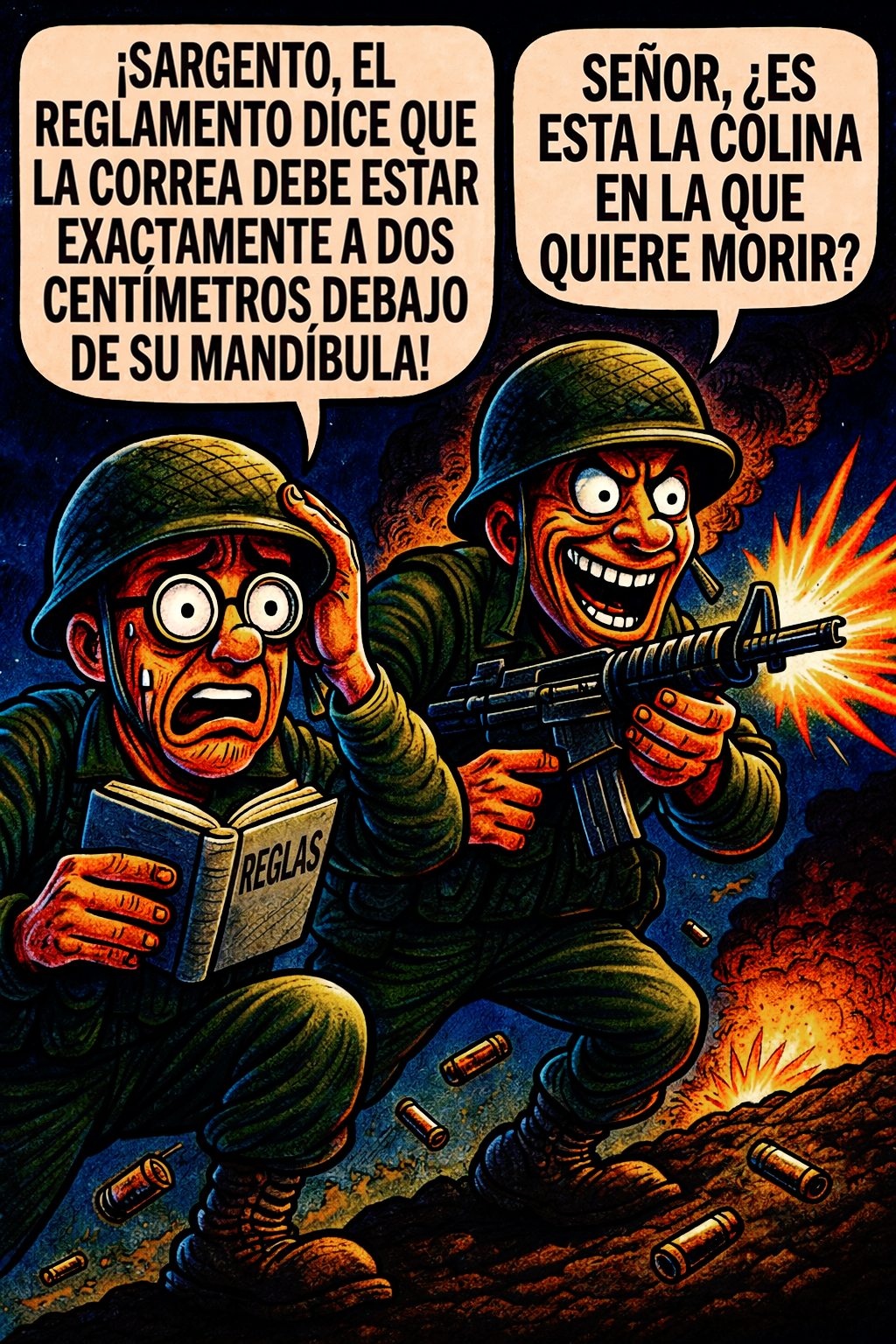 ¡Sargento, el reglamento dice que la correa debe estar exactamente a dos centímetros debajo de su mandíbula!