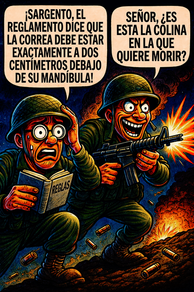 ¡Sargento, el reglamento dice que la correa debe estar exactamente a dos centímetros debajo de su mandíbula!