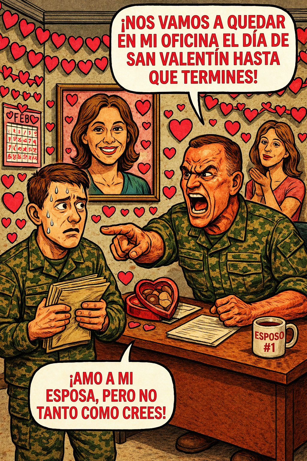 ¡Nos vamos a quedar en mi oficina el día de san valentín hasta que termines!
