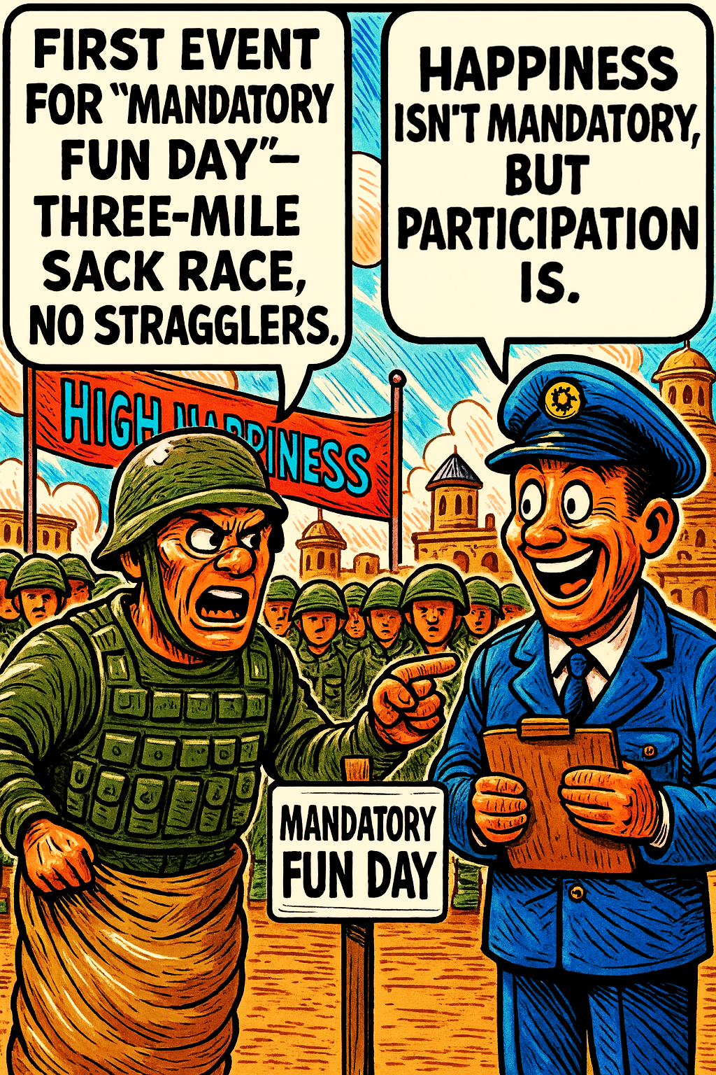 First Event for 'Mandatory Fun Day'– Three-Mile Sack Race, No Stragglers