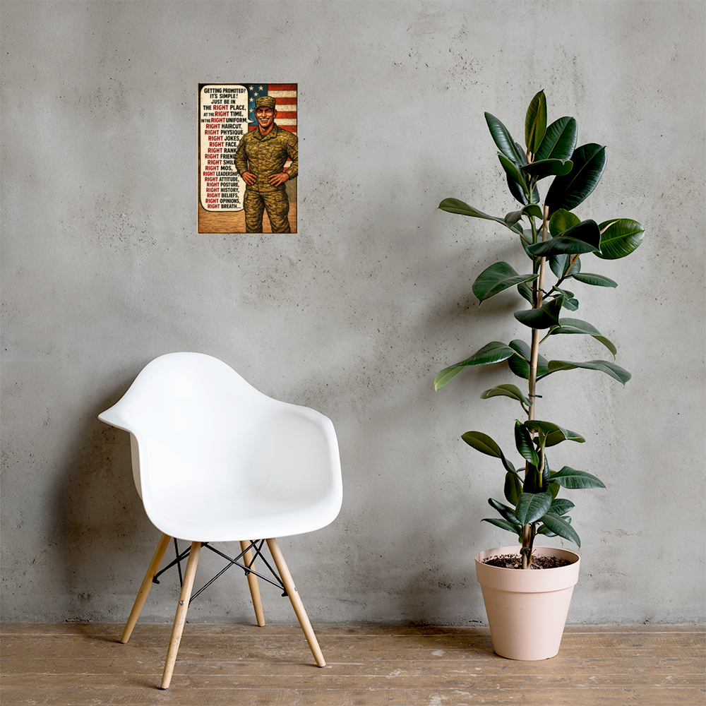 Getting Promoted?: 12 in by 18 in glossy poster on a concrete wall beside a white chair and plant; Printful room mockup.