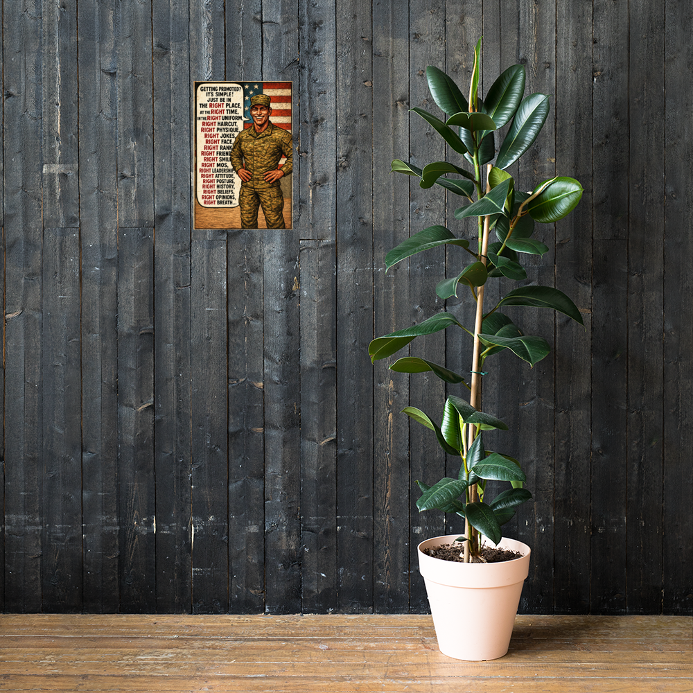 Getting Promoted?: 12 in by 18 in glossy poster on a dark wooden wall beside a plant; Printful room mockup.