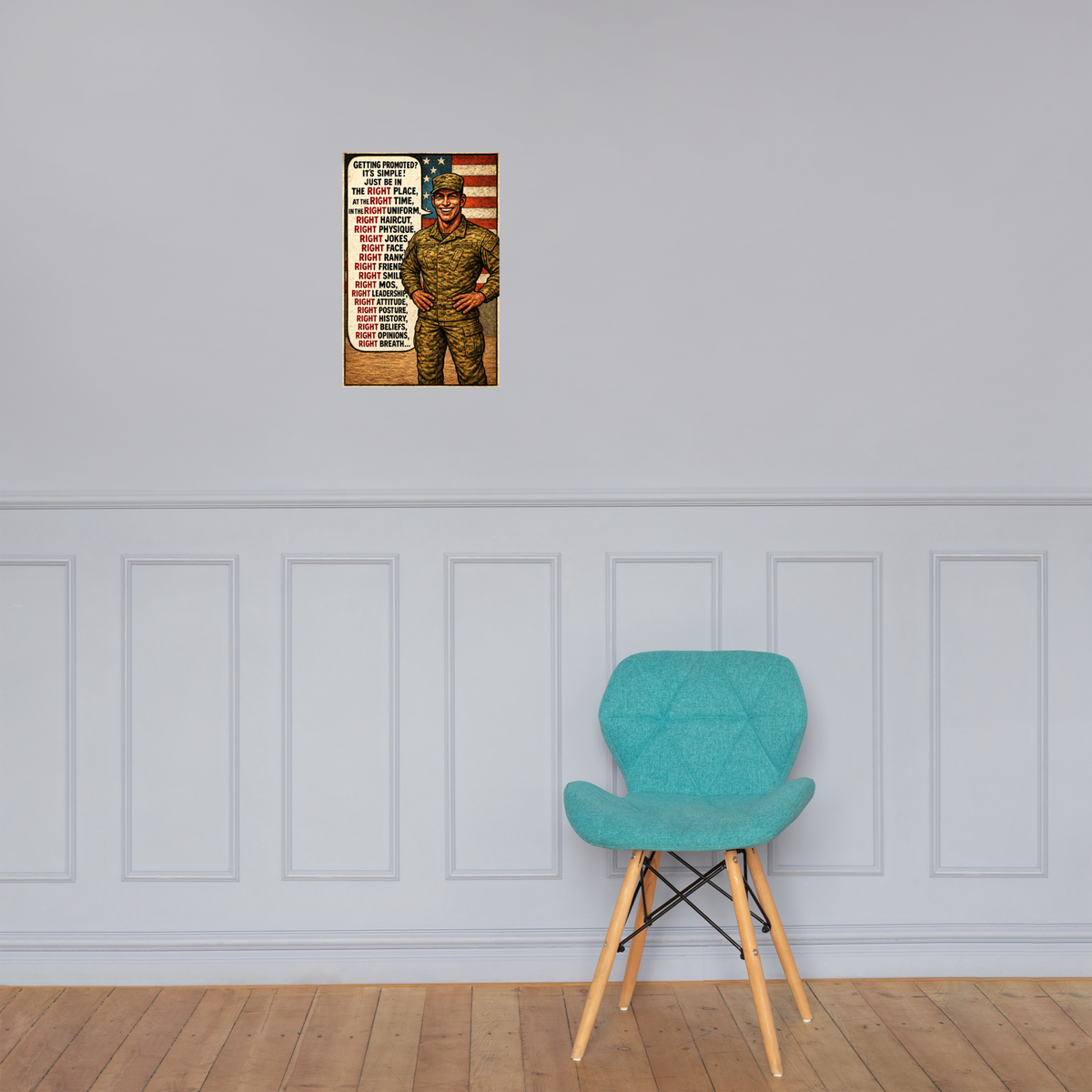 Getting Promoted?: 12 in by 18 in glossy poster on a paneled wall above a turquoise chair; Printful room mockup.